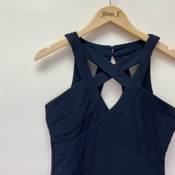 Crystal Doll Black Cutout Bodycon Mini Dress Size 5 Juniors Criss Cross Banded - Picture 2 of 8